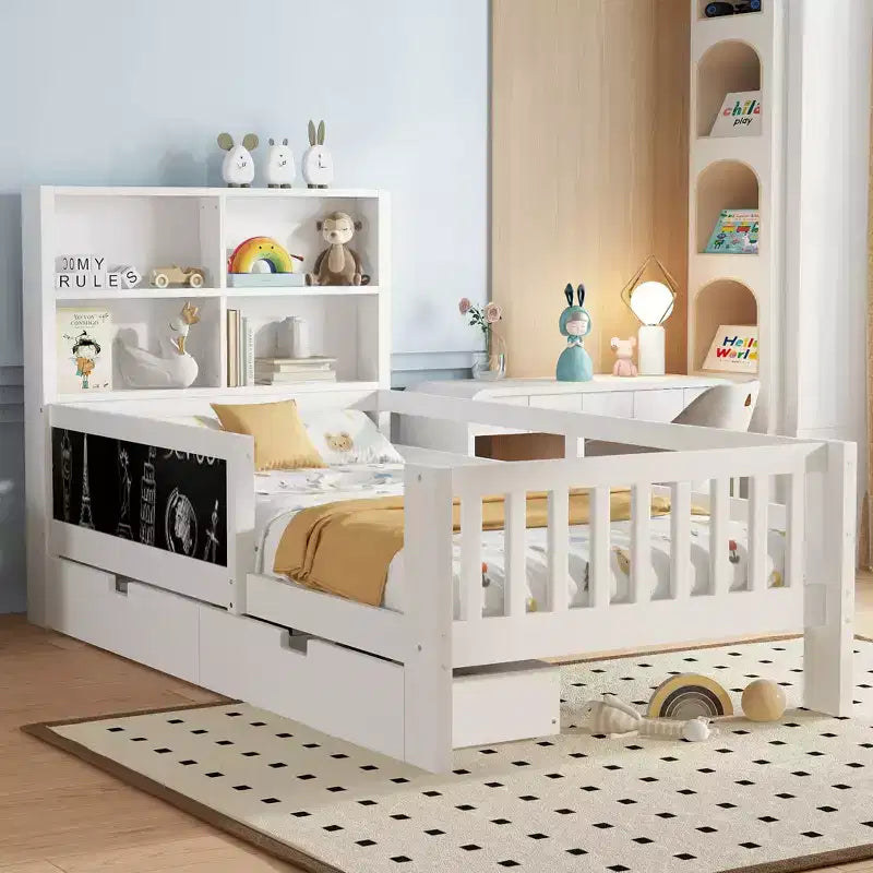 Lit plateforme double/grand avec tiroirs de rangement et étagères, lit de rangement en bois avec tableau noir pour enfants et adolescents