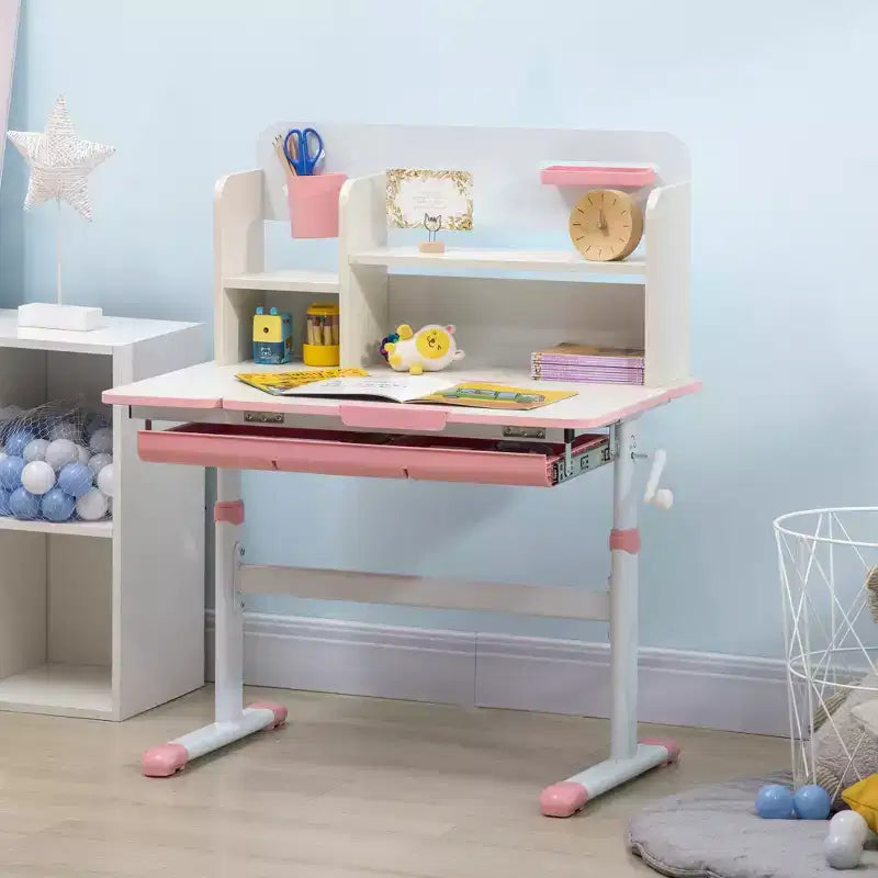 Bureau d'étude pour enfants en bois, réglable en hauteur, avec plateau inclinable, tiroir, étagère de rangement, porte-stylo, rose