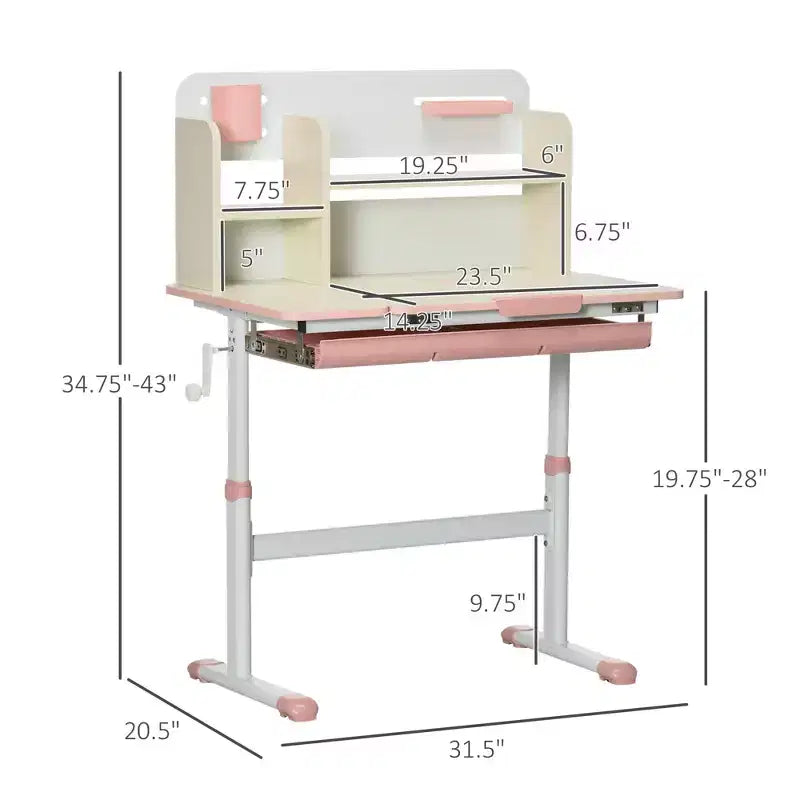 Bureau d'étude pour enfants en bois, réglable en hauteur, avec plateau inclinable, tiroir, étagère de rangement, porte-stylo, rose