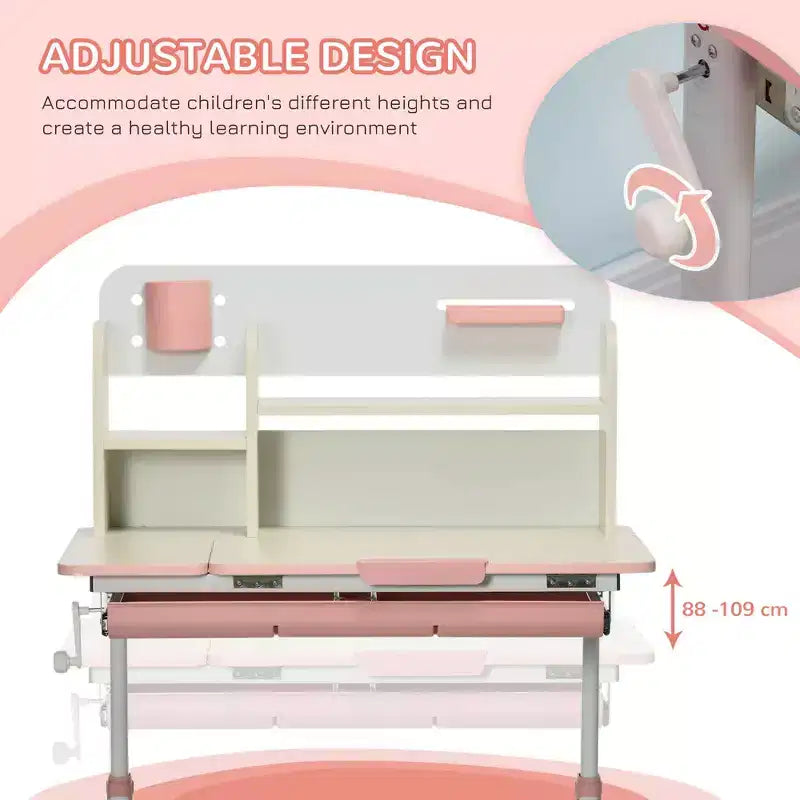 Bureau d'étude pour enfants en bois, réglable en hauteur, avec plateau inclinable, tiroir, étagère de rangement, porte-stylo, rose