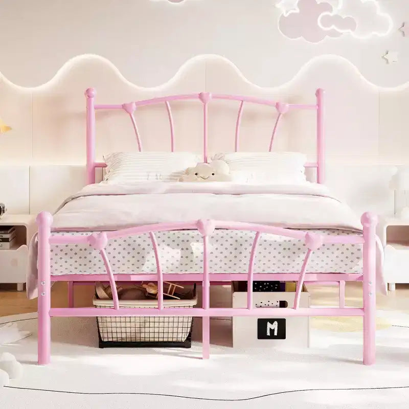 Cadre de lit simple en métal, cadres de lit simple pour filles, lit plateforme simple avec tête et pied de lit en forme de cœur, sommier tapissier non requis