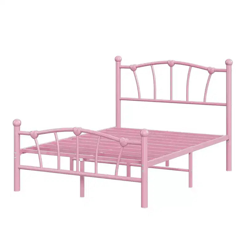 Cadre de lit simple en métal, cadres de lit simple pour filles, lit plateforme simple avec tête et pied de lit en forme de cœur, sommier tapissier non requis