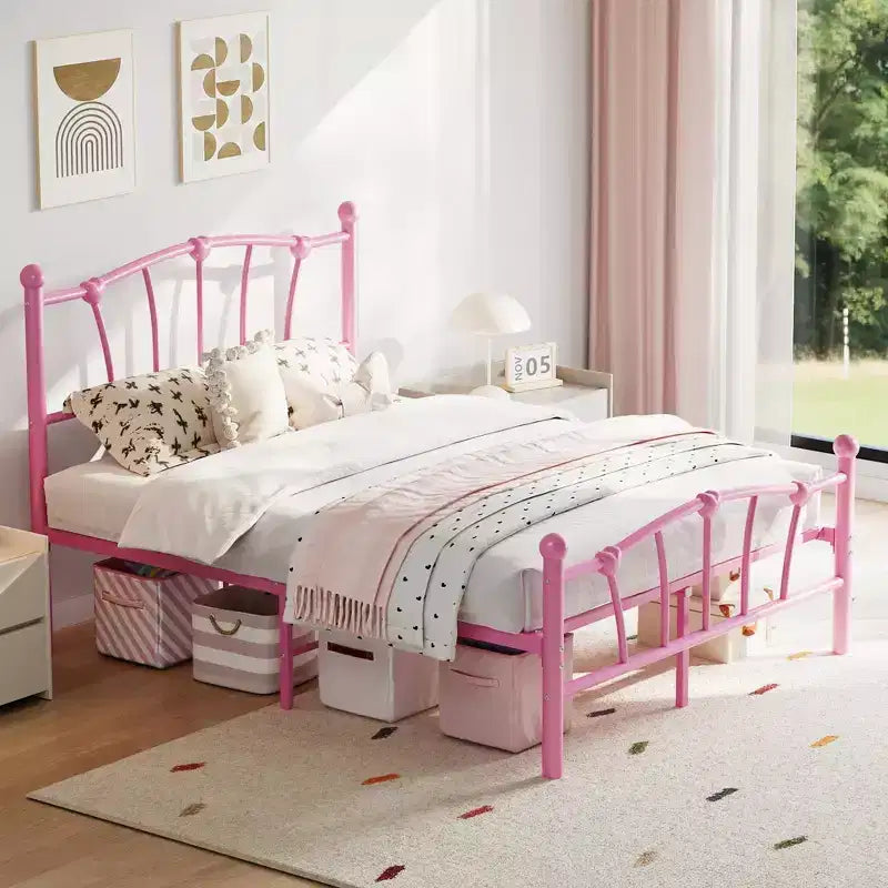 Cadre de lit simple en métal, cadres de lit simple pour filles, lit plateforme simple avec tête et pied de lit en forme de cœur, sommier tapissier non requis