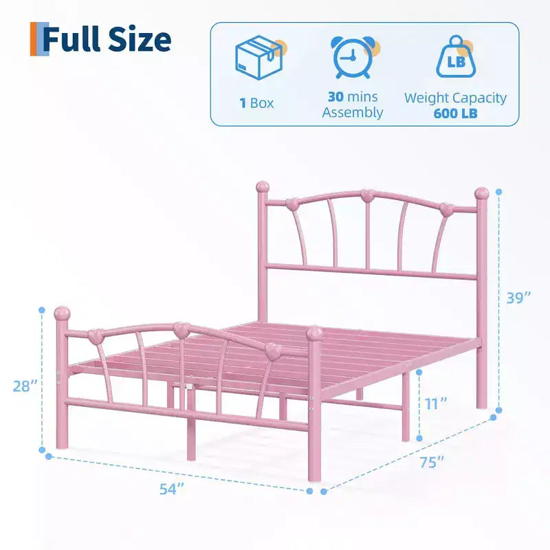 Cadre de lit simple en métal, cadres de lit simple pour filles, lit plateforme simple avec tête et pied de lit en forme de cœur, sommier tapissier non requis