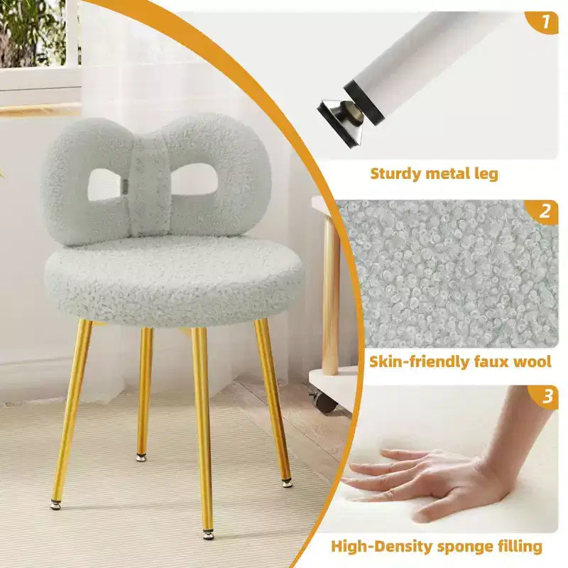 Chaise de vanité avec dossier, Chaise de maquillage pivotante, Chaise de bureau rembourrée pour filles