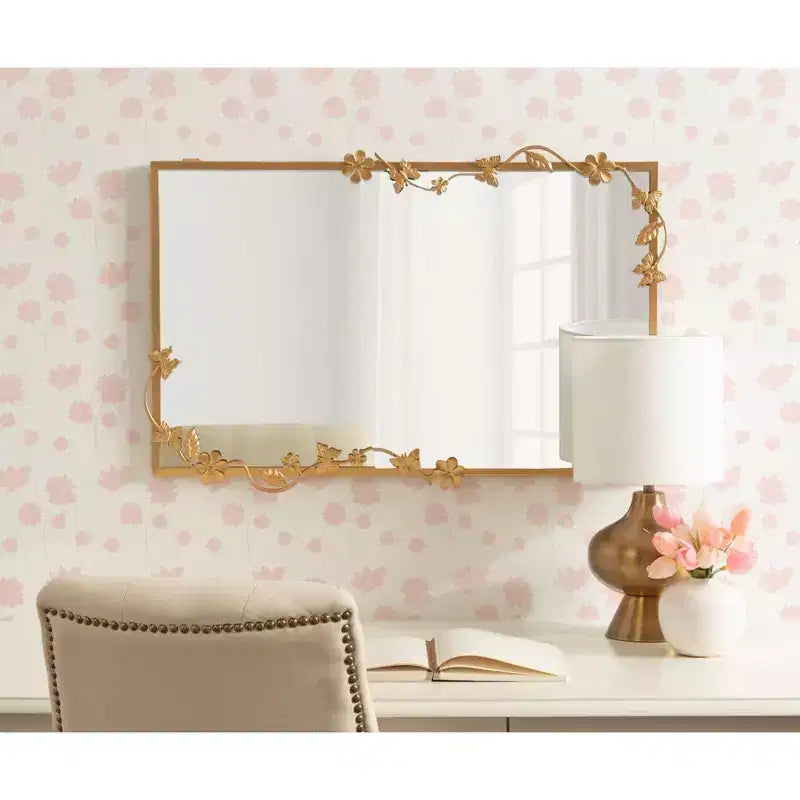 Miroir rectangulaire métallique floral, doré, 20x30