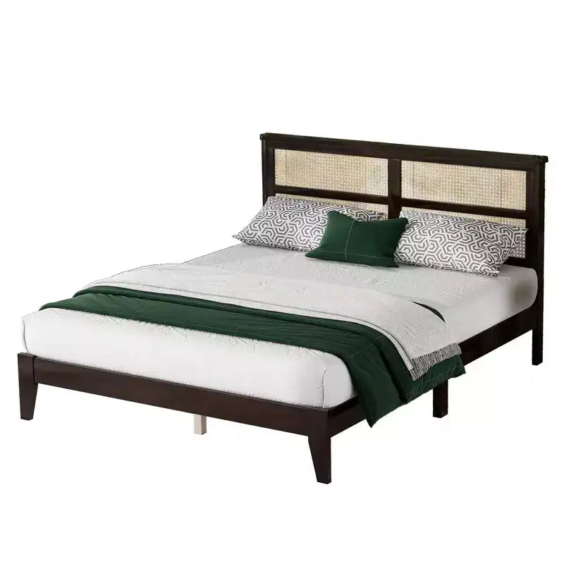 Sailvan Queen Rubber Wood Platform Bed Frame with Vintage Rattan Headboard and Support Feet