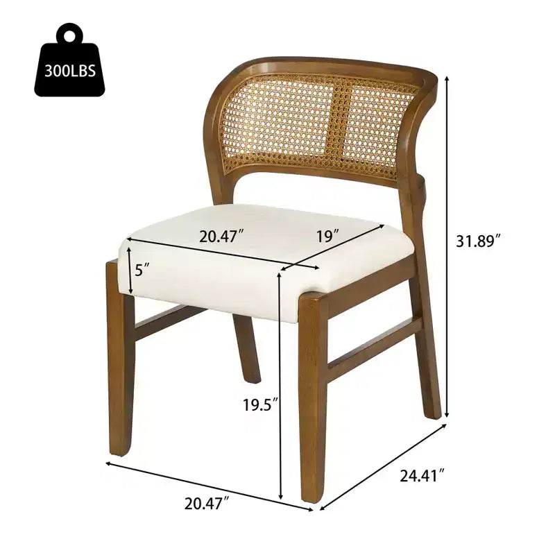 Chaise de salle à manger sans accoudoirs, style Mid-Century Modern, en bois d'hévéa rembourrée, avec dossier en rotin naturel