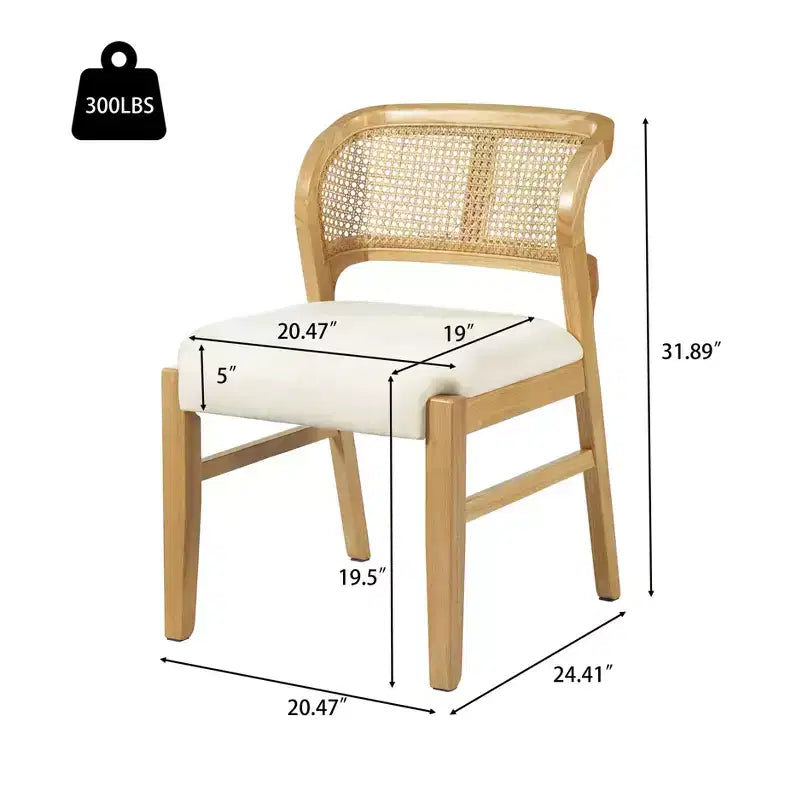 Chaise de salle à manger sans accoudoirs, style Mid-Century Modern, en bois d'hévéa rembourrée, avec dossier en rotin naturel