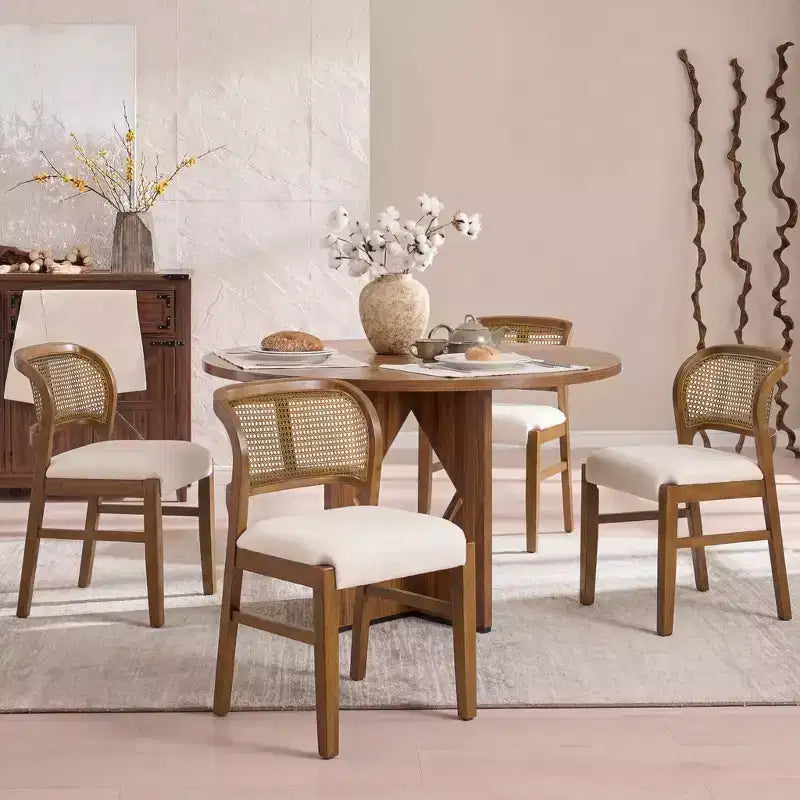 Christopher Knight Home Mid-Century Modern Rubberwood Upholstered Armless Dining Chair with Natural Rattan Cane Backrest