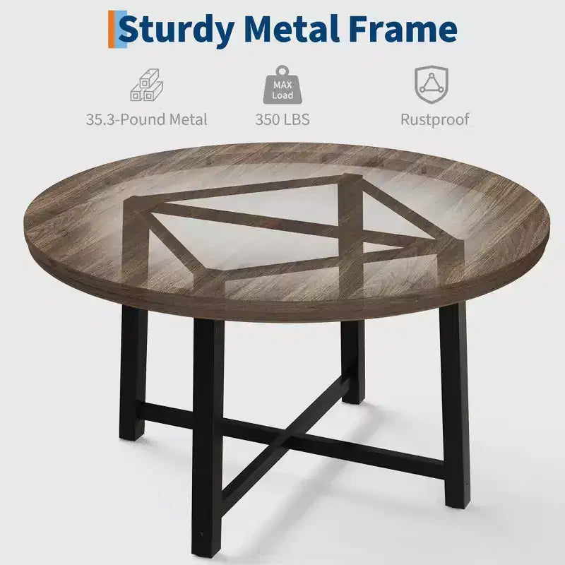 Table à manger ronde industrielle de 47 pouces peu encombrante pour 4 à 6 personnes, table de cuisine rustique en bois et métal, design de ferme pour petites salles à manger