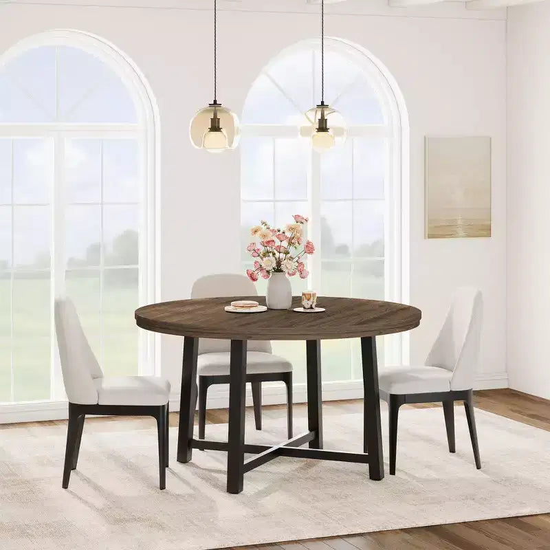 Table à manger ronde industrielle de 47 pouces peu encombrante pour 4 à 6 personnes, table de cuisine rustique en bois et métal, design de ferme pour petites salles à manger