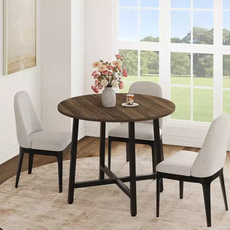 Table à manger ronde industrielle de 47 pouces peu encombrante pour 4 à 6 personnes, table de cuisine rustique en bois et métal, design de ferme pour petites salles à manger