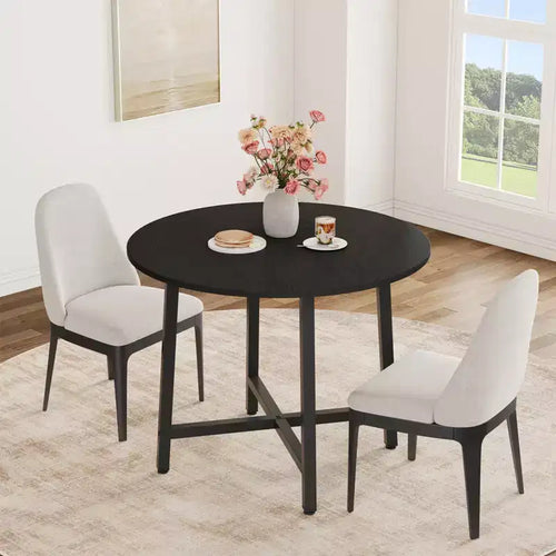 47 Inch Space-Saving Industrial Round Dining Table for 4-6, Rustic Brown Wood and Metal Frame Kitchen Table, Farmhouse Design for Small Dining Rooms