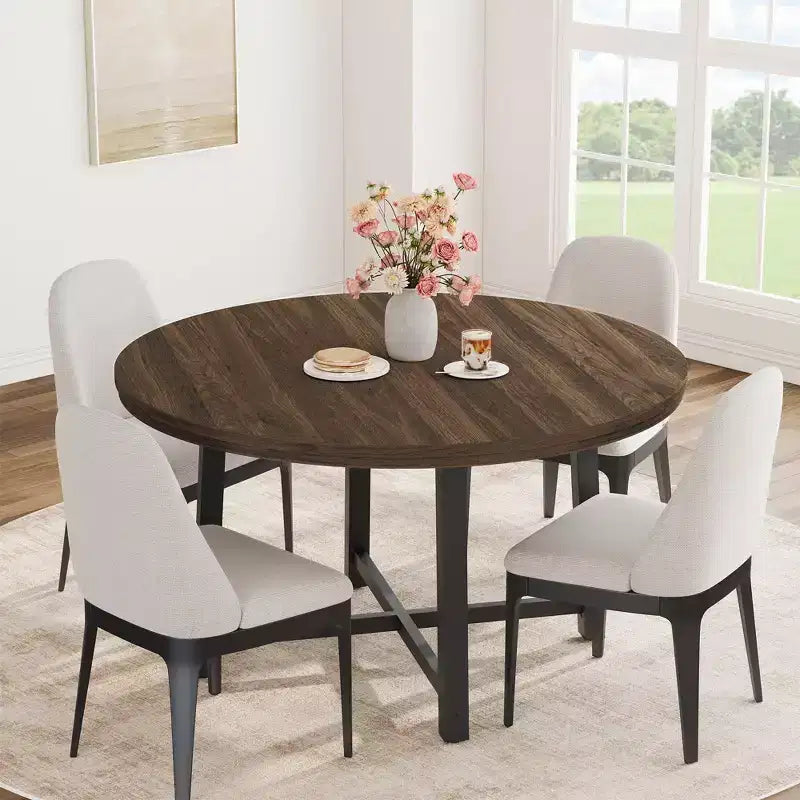 Table à manger ronde industrielle de 47 pouces peu encombrante pour 4 à 6 personnes, table de cuisine rustique en bois et métal, design de ferme pour petites salles à manger
