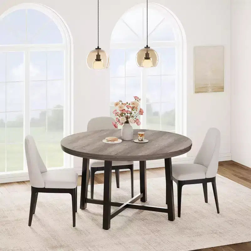 Table à manger ronde industrielle de 47 pouces peu encombrante pour 4 à 6 personnes, table de cuisine rustique en bois et métal, design de ferme pour petites salles à manger