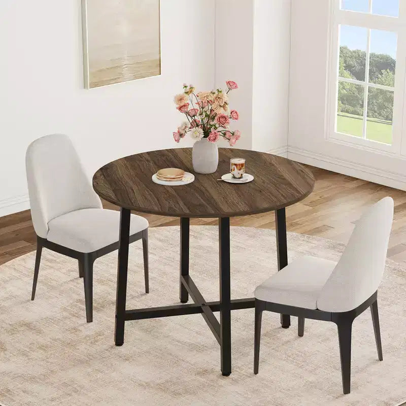 Table à manger ronde industrielle de 47 pouces peu encombrante pour 4 à 6 personnes, table de cuisine rustique en bois et métal, design de ferme pour petites salles à manger