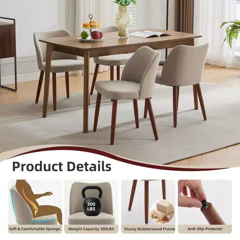 Lot de 2 chaises de salle à manger modernes à dossier haut, chaises de cuisine rembourrées en lin avec coussins épais, dossier haut ergonomique et pieds en bois d'hévéa