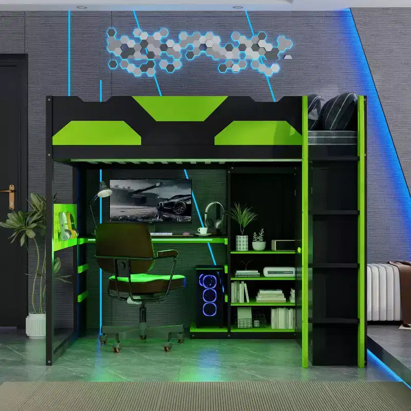 Lit mezzanine de jeu en bois pleine grandeur avec bureau, lit mezzanine pleine grandeur avec étagères de rangement multiples et lumière RVB