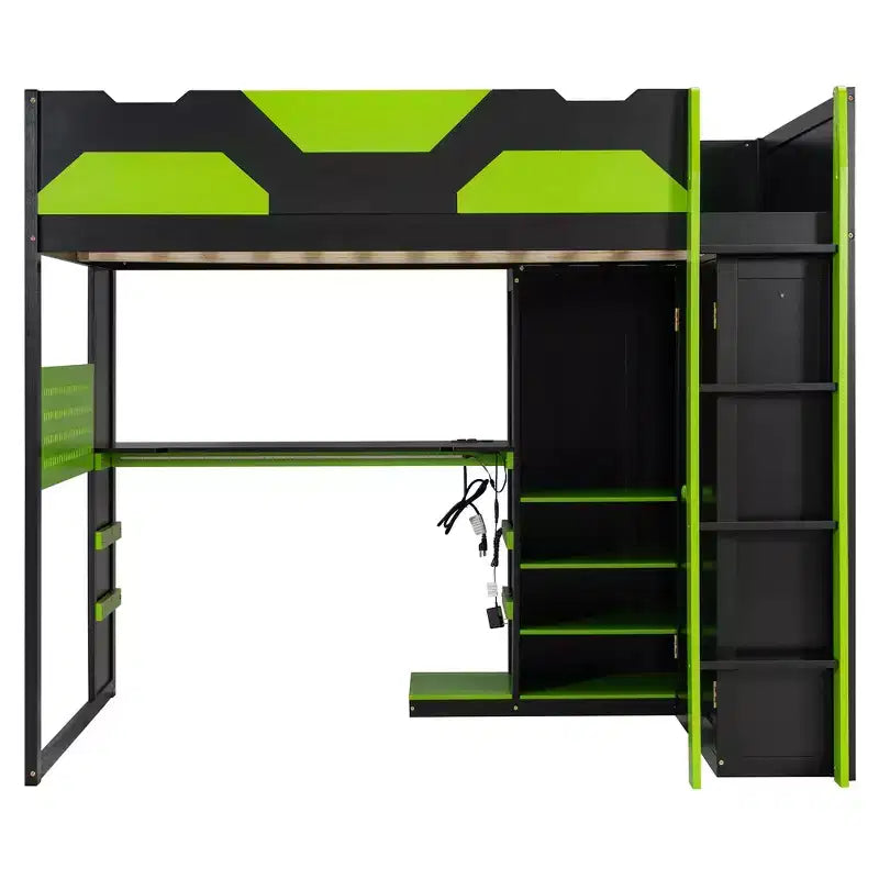 Lit mezzanine de jeu en bois pleine grandeur avec bureau, lit mezzanine pleine grandeur avec étagères de rangement multiples et lumière RVB