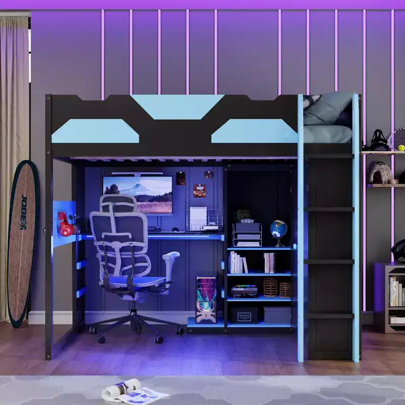 Lit mezzanine de jeu en bois pleine grandeur avec bureau, lit mezzanine pleine grandeur avec étagères de rangement multiples et lumière RVB