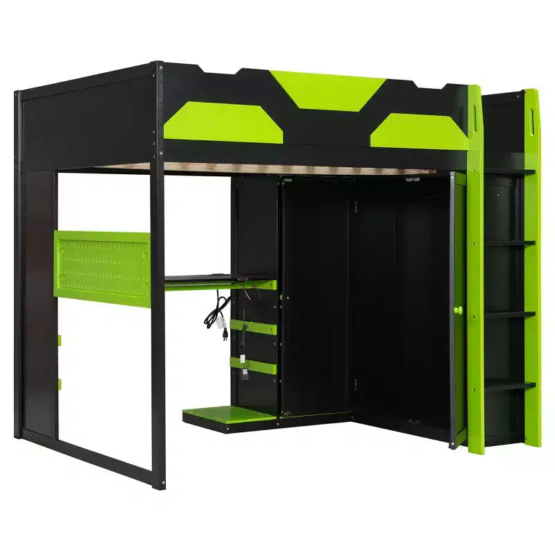 Lit mezzanine de jeu en bois pleine grandeur avec bureau, lit mezzanine pleine grandeur avec étagères de rangement multiples et lumière RVB