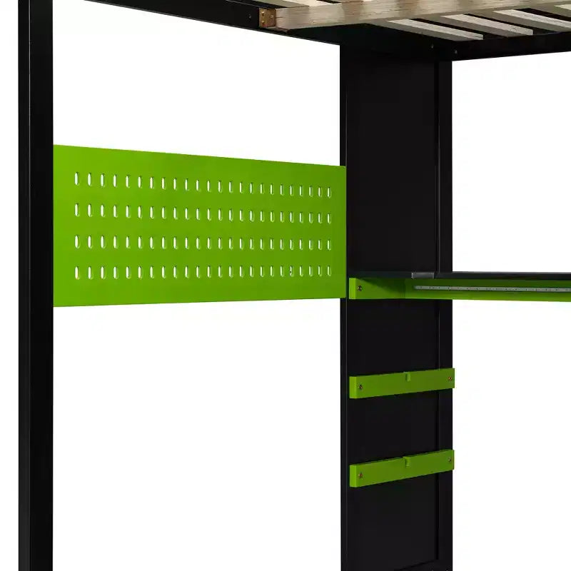 Lit mezzanine de jeu en bois pleine grandeur avec bureau, lit mezzanine pleine grandeur avec étagères de rangement multiples et lumière RVB