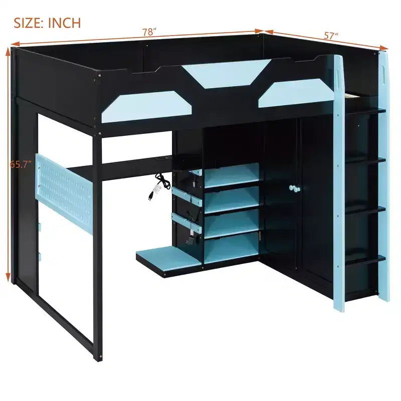 Lit mezzanine de jeu en bois pleine grandeur avec bureau, lit mezzanine pleine grandeur avec étagères de rangement multiples et lumière RVB