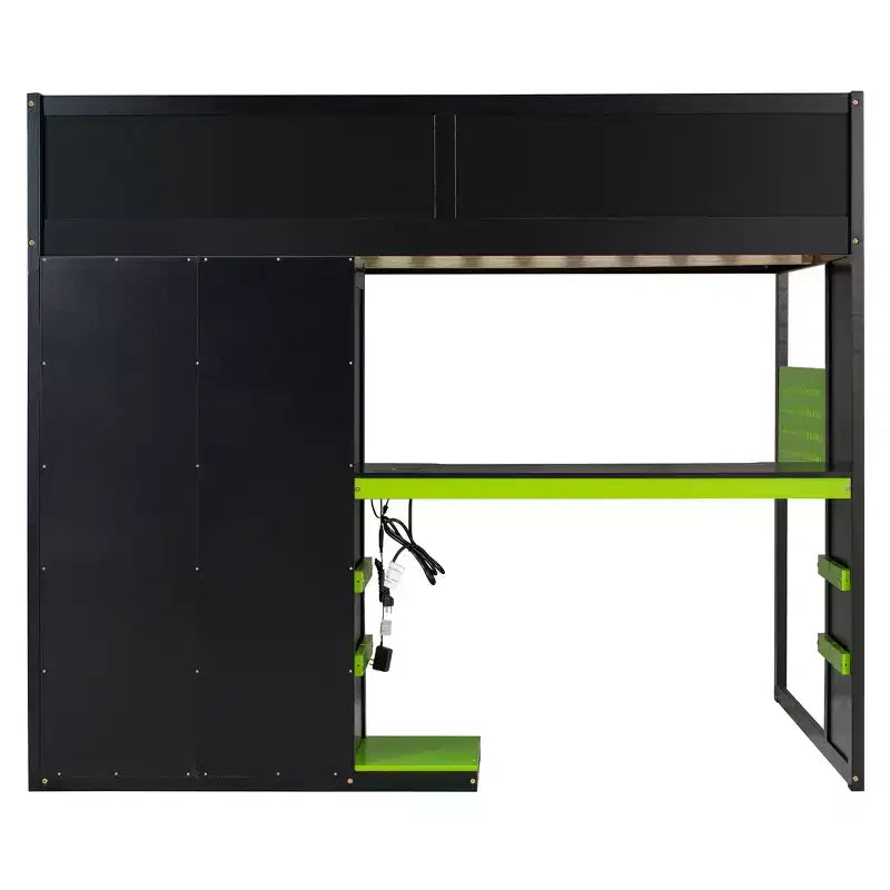 Lit mezzanine de jeu en bois pleine grandeur avec bureau, lit mezzanine pleine grandeur avec étagères de rangement multiples et lumière RVB