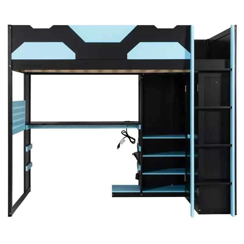 Lit mezzanine de jeu en bois pleine grandeur avec bureau, lit mezzanine pleine grandeur avec étagères de rangement multiples et lumière RVB