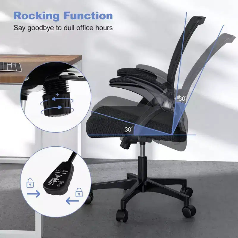 Chaise de bureau ergonomique réglable avec accoudoirs relevables, dossier inclinable à 30°, noir