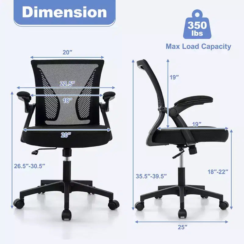 Chaise de bureau ergonomique réglable avec accoudoirs relevables, dossier inclinable à 30°, noir