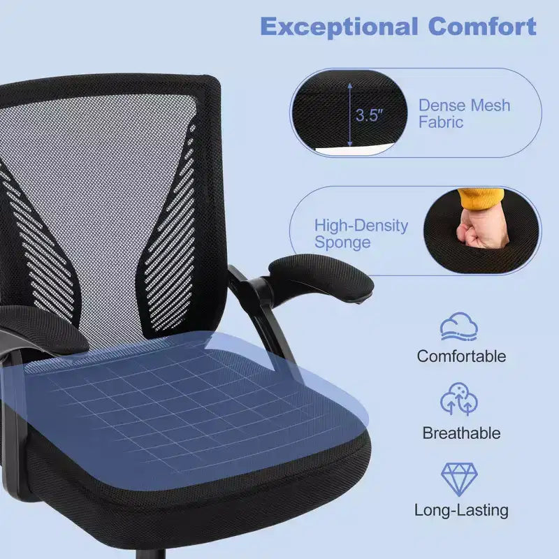 Chaise de bureau ergonomique réglable avec accoudoirs relevables, dossier inclinable à 30°, noir