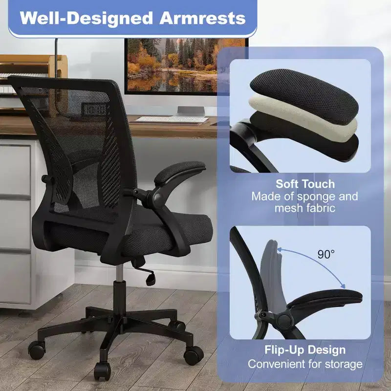 Chaise de bureau ergonomique réglable avec accoudoirs relevables, dossier inclinable à 30°, noir