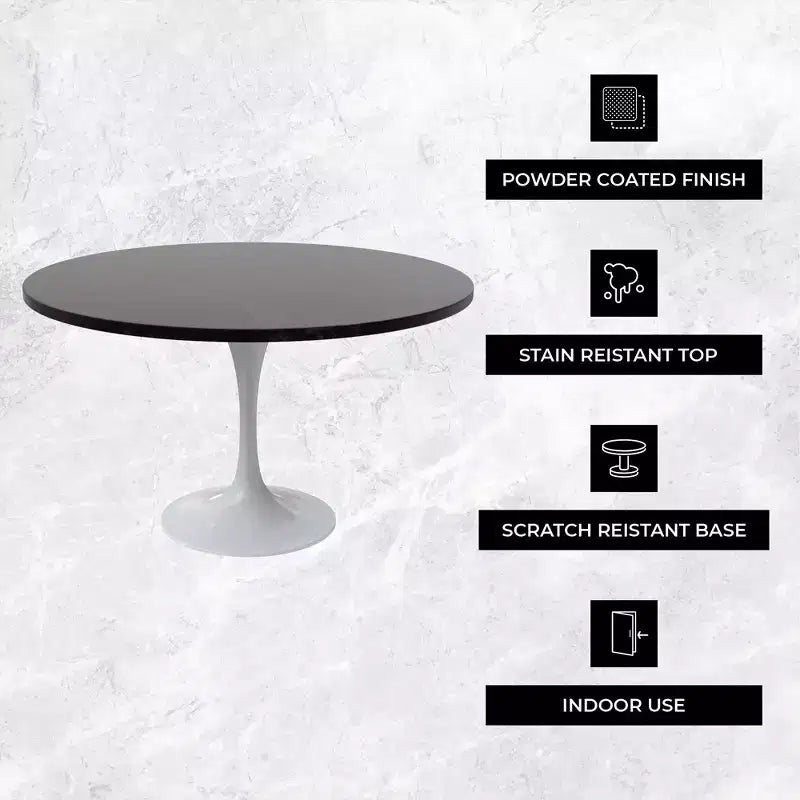 Table moderne du milieu du siècle avec plateau rond en MDF de 48 pouces et piètement colonne en acier blanc pour cuisine et salle à manger, en noir