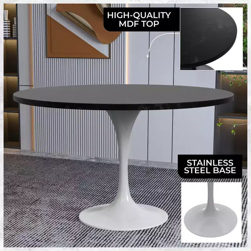 Table moderne du milieu du siècle avec plateau rond en MDF de 48 pouces et piètement colonne en acier blanc pour cuisine et salle à manger, en noir