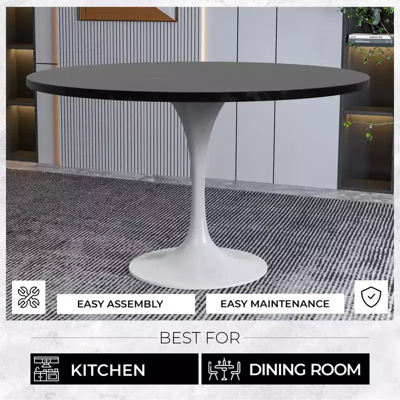 Table moderne du milieu du siècle avec plateau rond en MDF de 48 pouces et piètement colonne en acier blanc pour cuisine et salle à manger, en noir