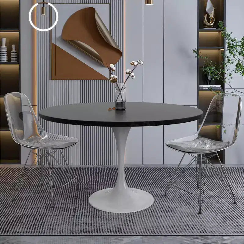 Table moderne du milieu du siècle avec plateau rond en MDF de 48 pouces et piètement colonne en acier blanc pour cuisine et salle à manger, en noir