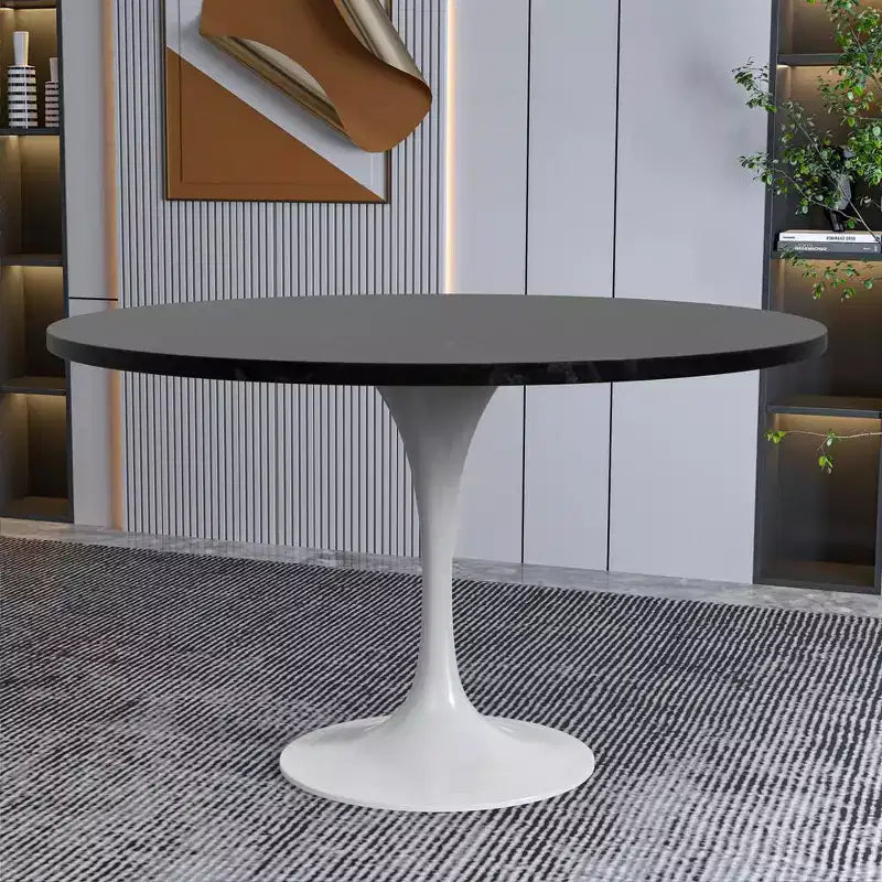 Table moderne du milieu du siècle avec plateau rond en MDF de 48 pouces et piètement colonne en acier blanc pour cuisine et salle à manger, en noir
